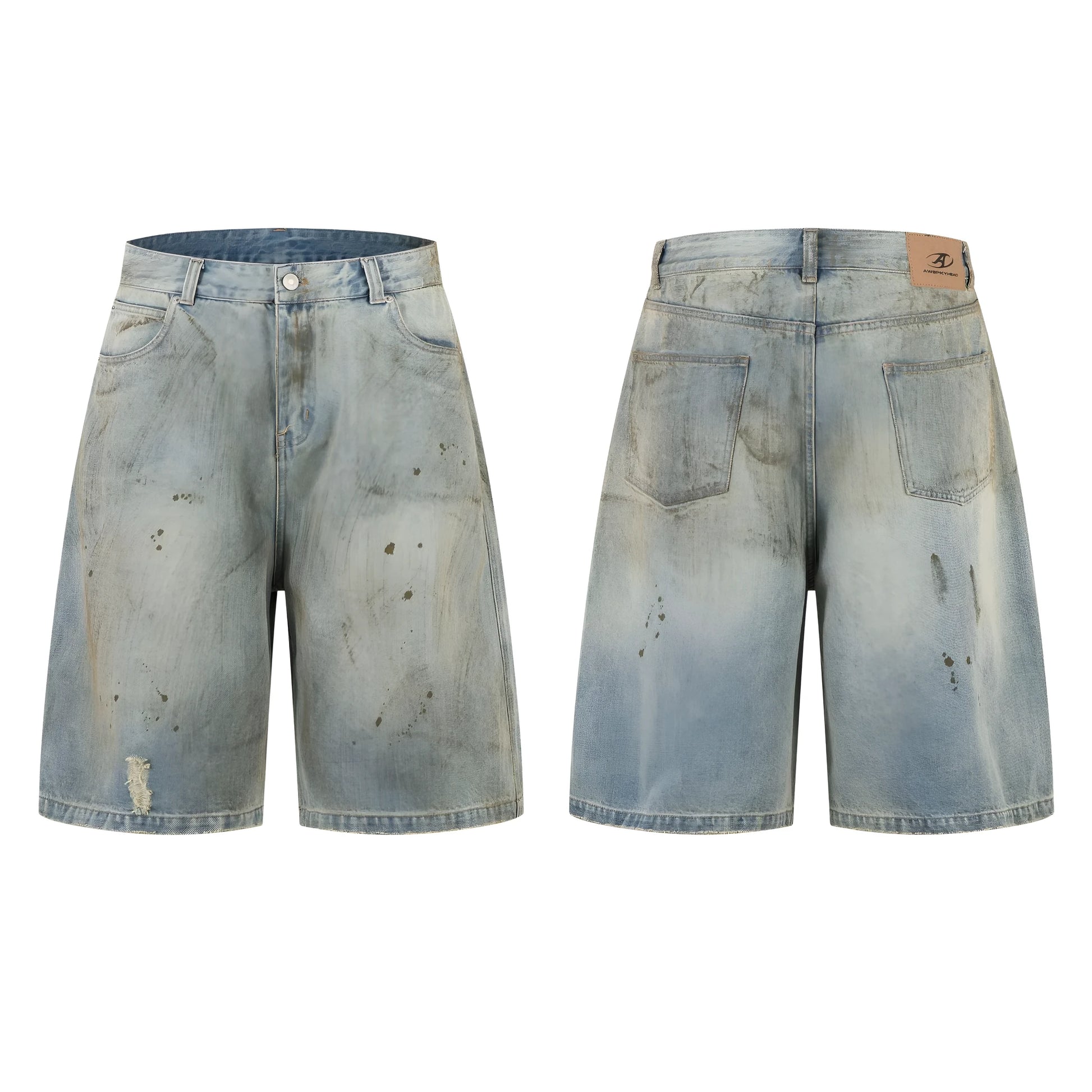 Blue denim cropped middle pants with straight-leg style and zipper fly closure on a street fashion background