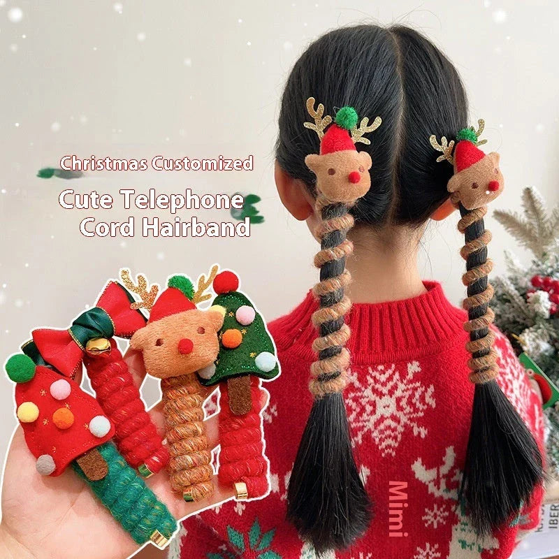 Festive Christmas hair ties with various holiday-themed designs, including red bells, green Christmas trees, and khaki deer shapes.