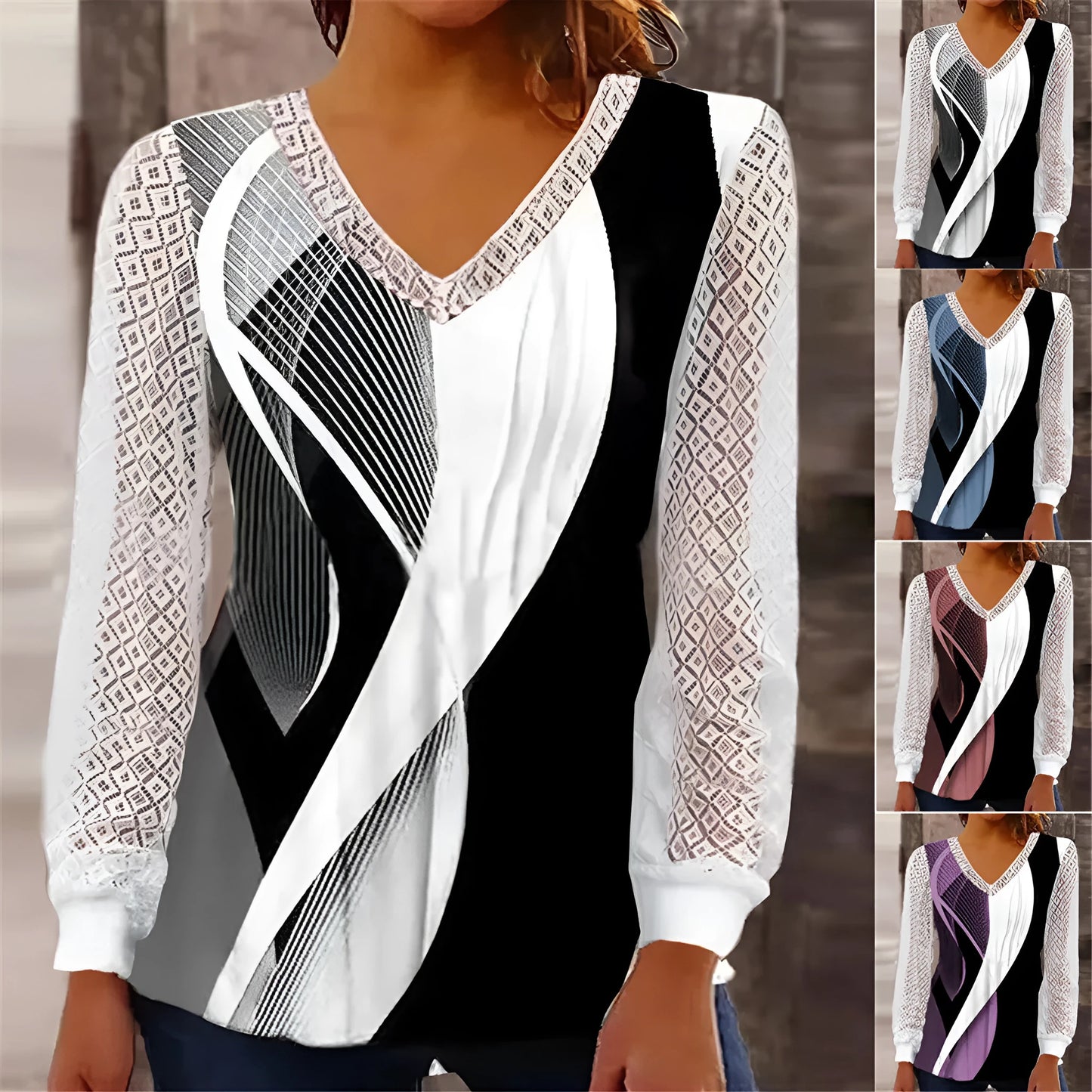 Purple V-neck loose top with hollow-out lace print and long sleeves.