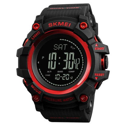 Outdoor sports calendar compass watch with 53mm round dial, metal case, plastic strap, in red, blue, black or Army Green