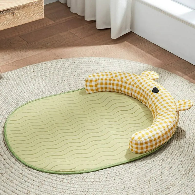 Green and yellow four seasons universal pet mat with cooling pad in four sizes for small to extra large dogs and cats.