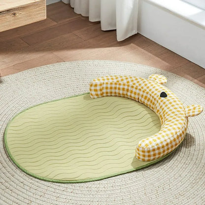 Green and yellow four seasons universal pet mat with cooling pad in four sizes for small to extra large dogs and cats.