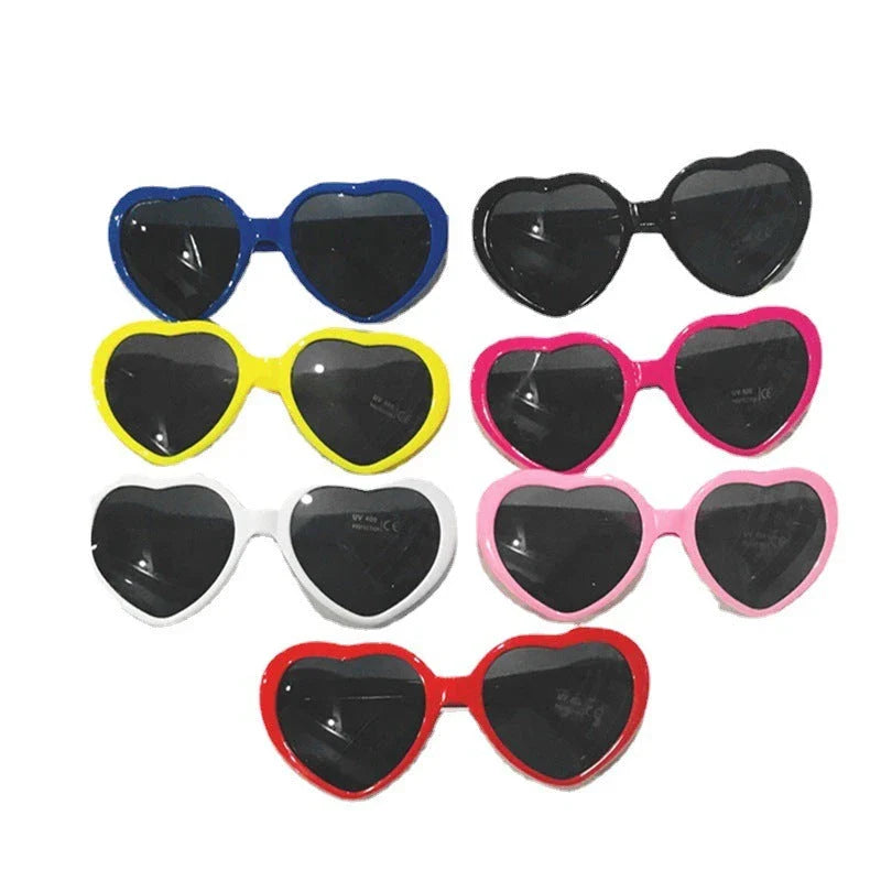 Stylish heart-shaped lighting sunglasses with a plastic frame and resin lenses, creating a mesmerizing effect for romantic occasions