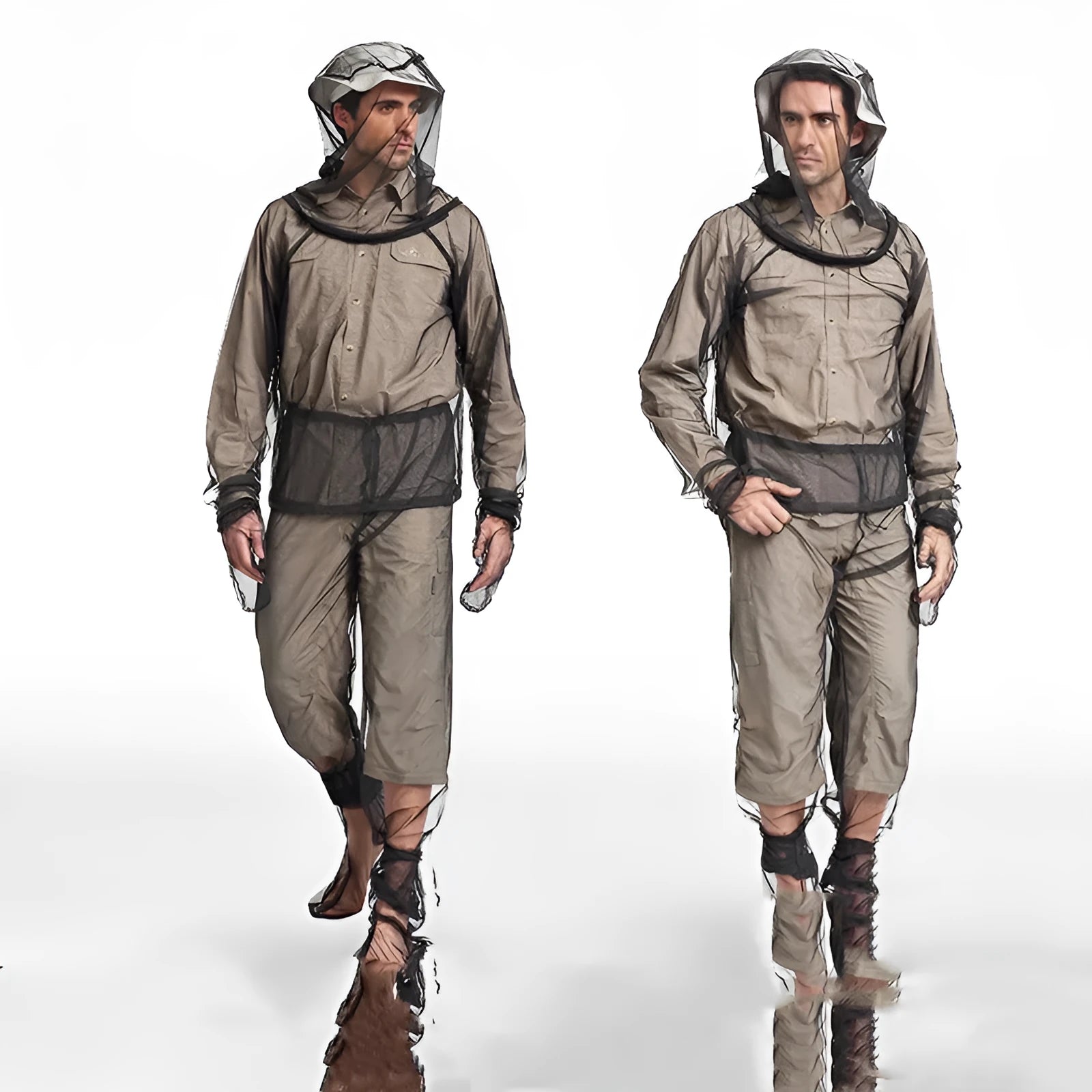 Four-piece mesh anti-mosquito suit set showing hooded top, pants and booties for outdoor activities