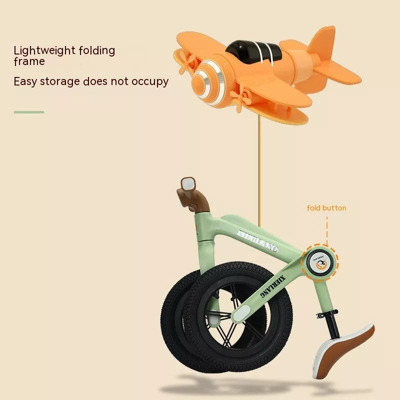 Foldable kids balance bike in grass green, light brown, or pink purple, sizes 12inch and 14inch