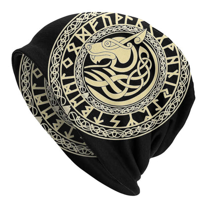 A black cotton hat with a white Viking wolf graphic and an elasticated sleeve cap construction.