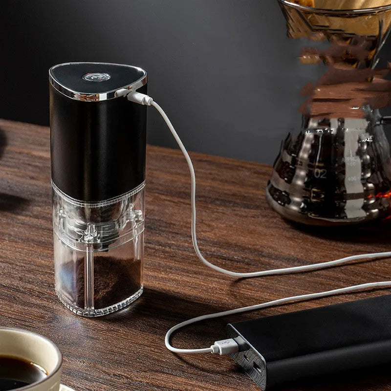 Electric ceramic burr coffee grinder in frosted white or black with USB charging cable