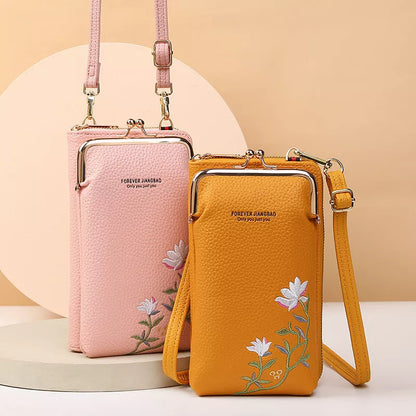 Flower embroidery phone bag with lock buckle in multiple colors