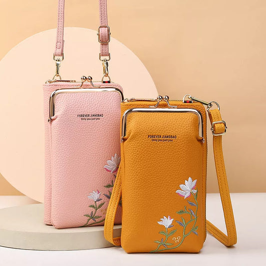 Flower embroidery phone bag with lock buckle in multiple colors