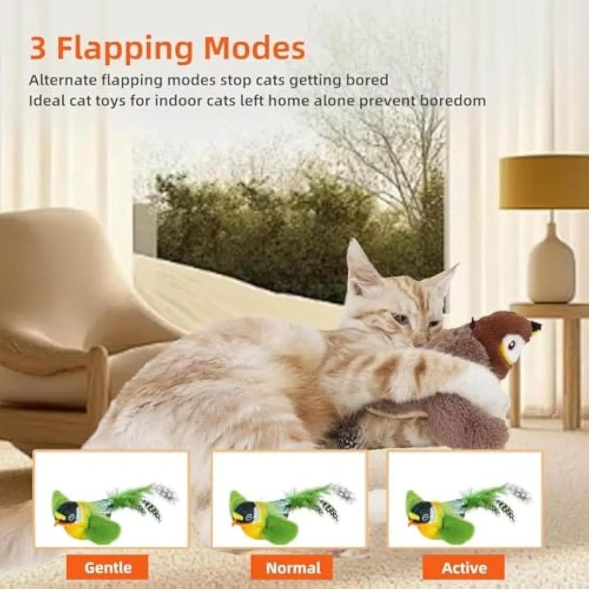 Flappy Chase Cat Toy interactive chirping sparrow with flapping wings and shaking motion in Blue, Gray, or Green.