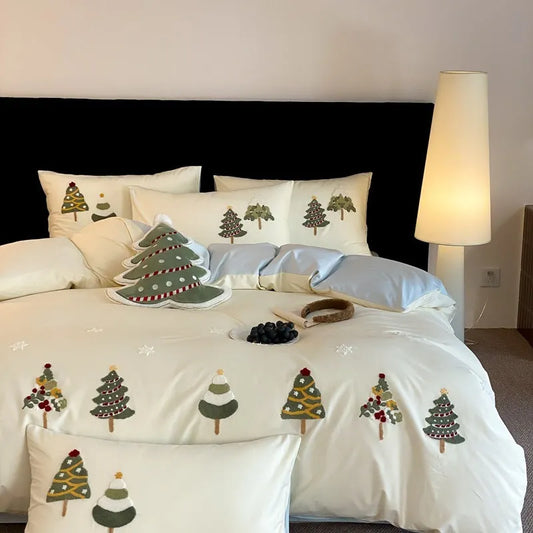 Christmas tree embroidered cotton bedding set with quilt cover, sheet, and pillowcases in cream blue or green green