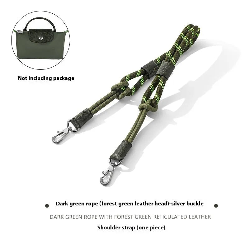Braided rope shoulder strap with alloy hardware in silver or gold finish options