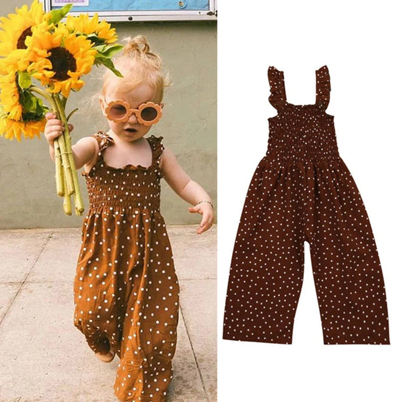 Brown polka dot sleeveless jumpsuit on child, showing non-hooded design and thin fabric suitable for heights 90-130cm