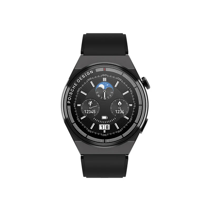 Black Bluetooth smartwatch with circular tempered glass screen showing NFC and blood sugar monitoring functions.