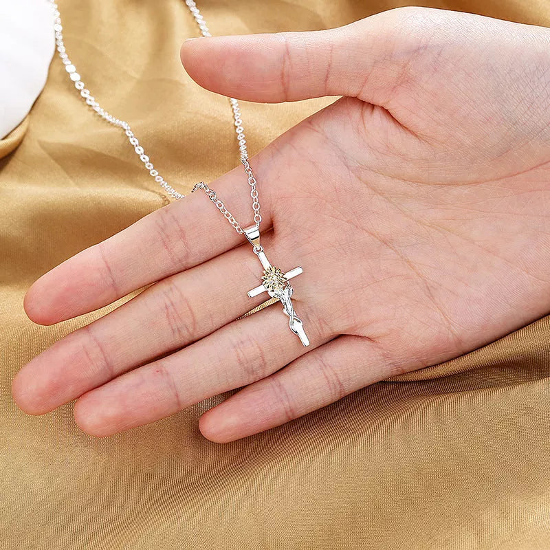 Gold and silver sunflower cross pendant necklace for women, made from durable copper