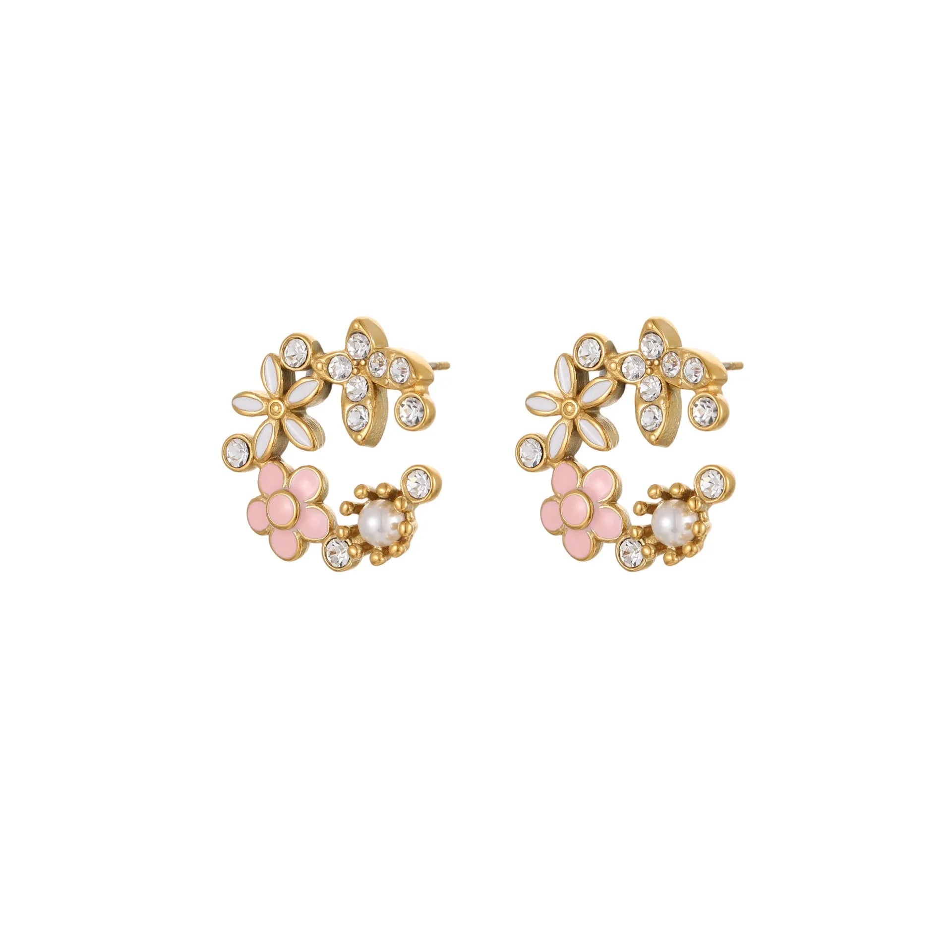 Stainless steel flower stud earrings with 18K gold electroplating and colourful diamond oil pendant