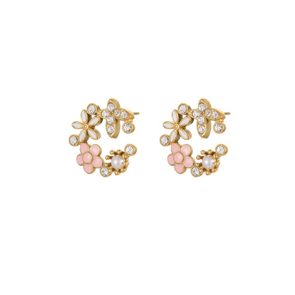 Stainless steel flower stud earrings with 18K gold electroplating and colourful diamond oil pendant