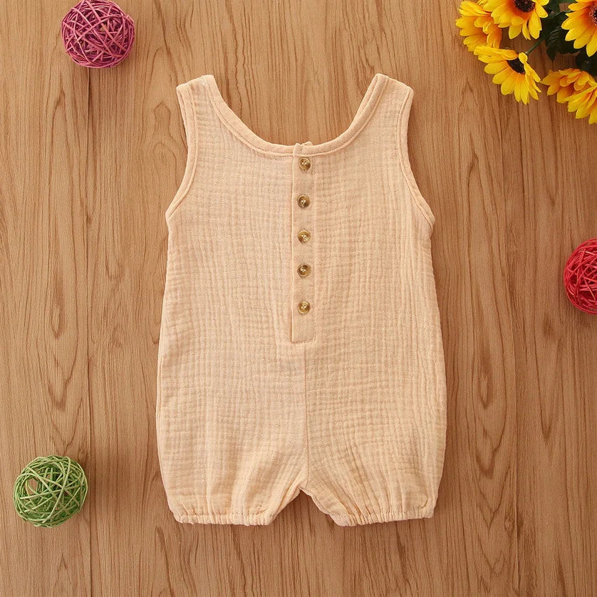 Sleeveless baby romper in beige, blue, or purple with 95% cotton fabric for summer infant wear
