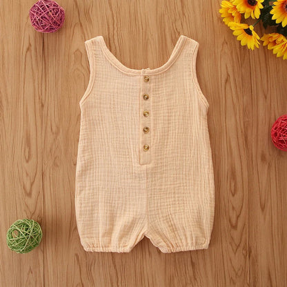 Sleeveless baby romper in beige, blue, or purple with 95% cotton fabric for summer infant wear