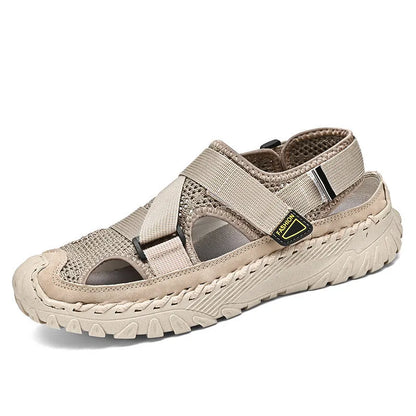 Men's grey casual sandals with hollow mesh upper, elastic band, and rubber sole.