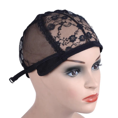 Black nylon mesh wig cap with flat top crown, high elastic breathable hairnet, size M 56-58cm