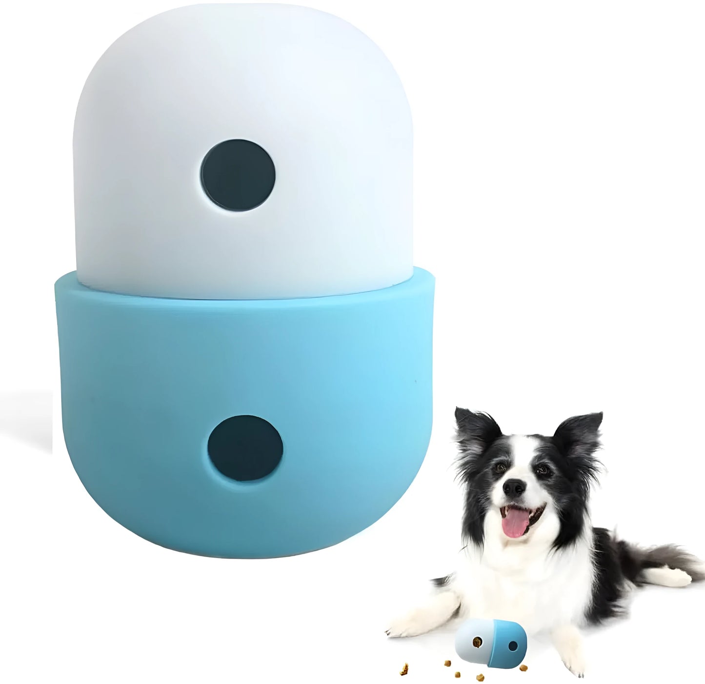 White and blue treat-dispensing puzzle toy for dogs with detachable design and rolling action