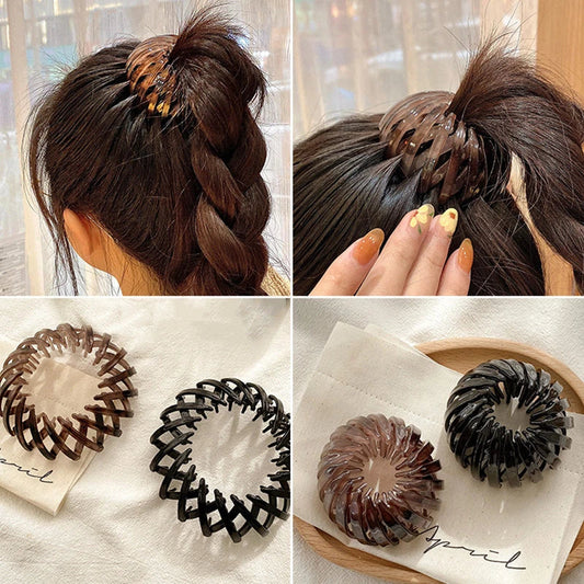 Adjustable ponytail hair accessory with flexible teeth, available in various colors, designed for easy, natural-looking hairstyles