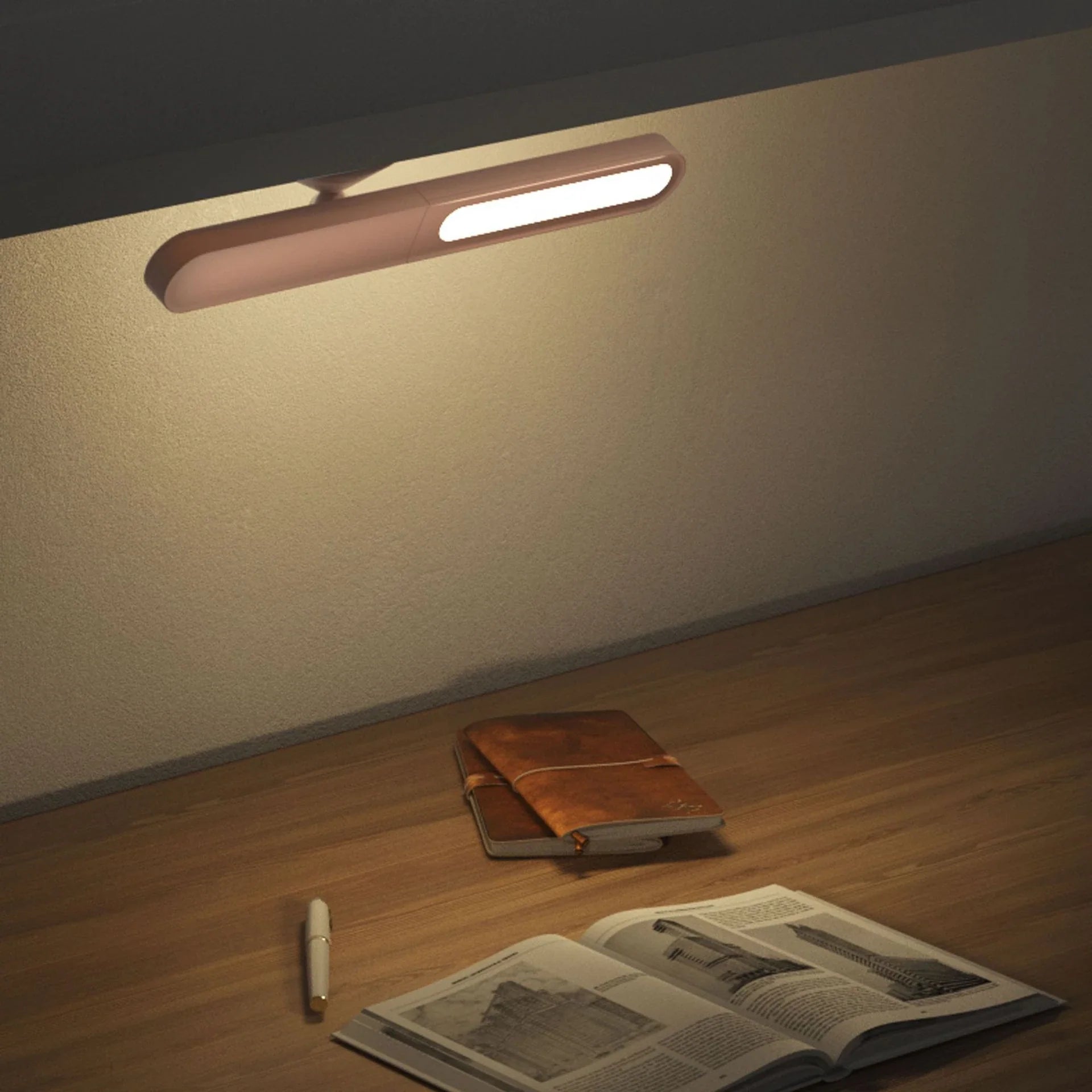 A modern, geometric desk lamp with wireless charging and a magnetic suction base for easy placement