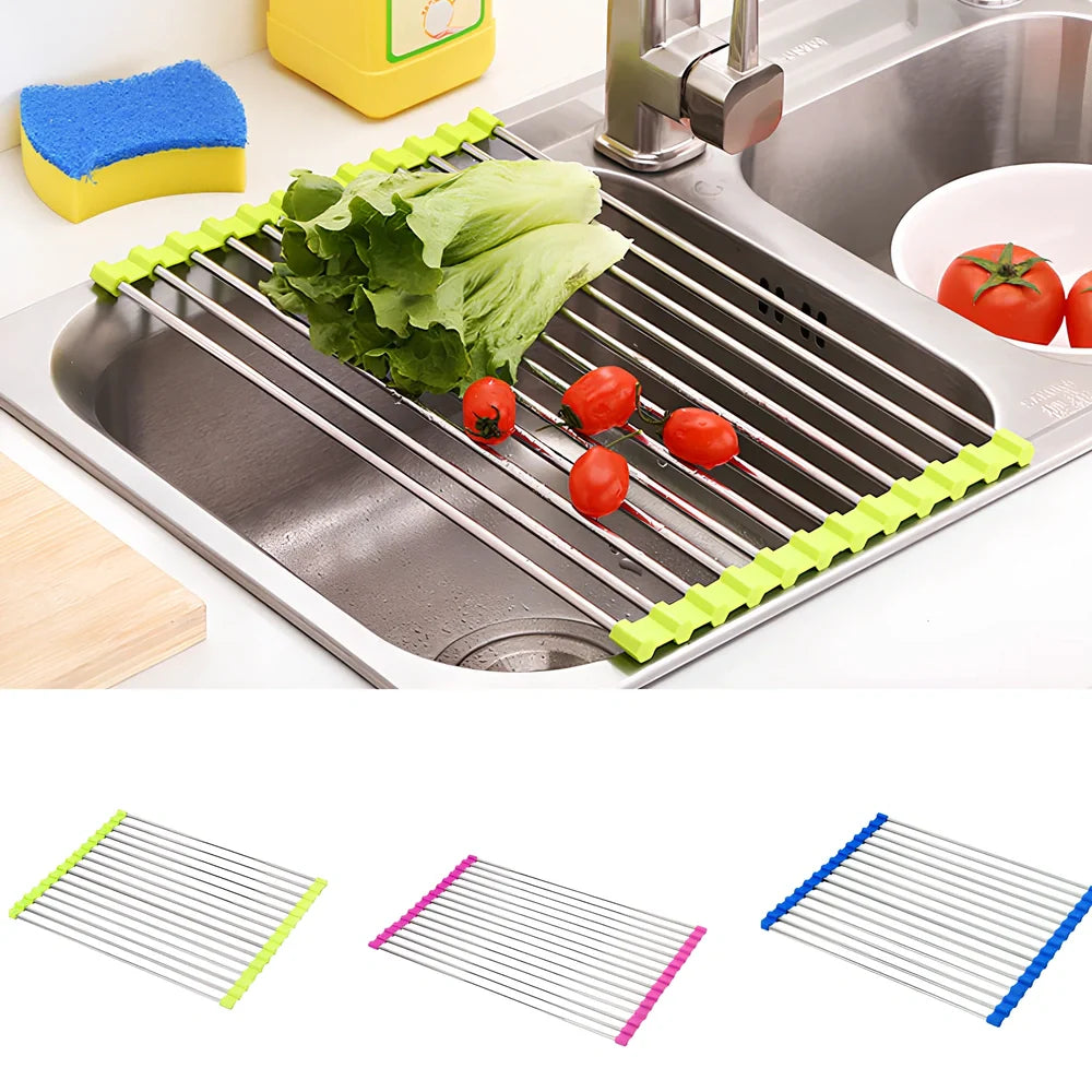Black folding stainless steel sink drain rack with silicone edges, shown both unfolded for drying and folded for storage