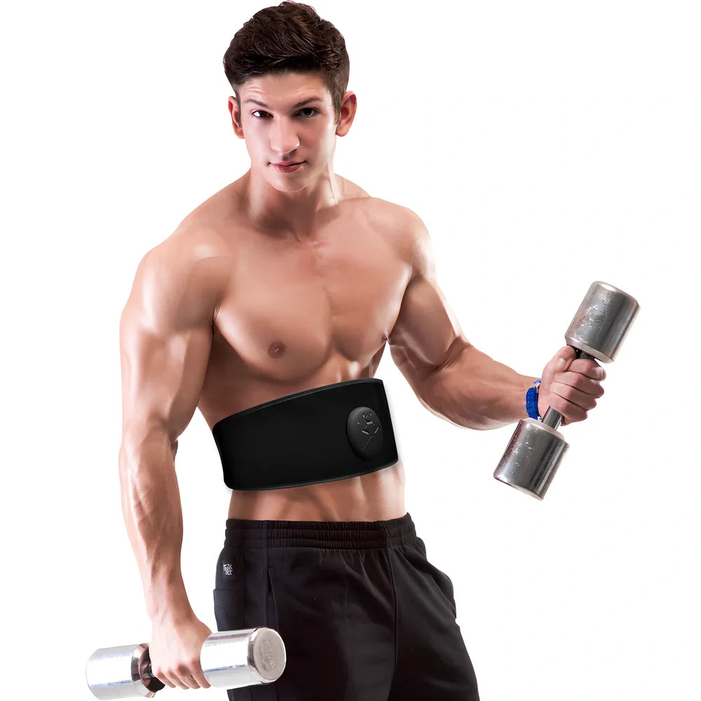 Black abdominal slimming belt with vibration unit and adjustable leather strap for muscle stimulation