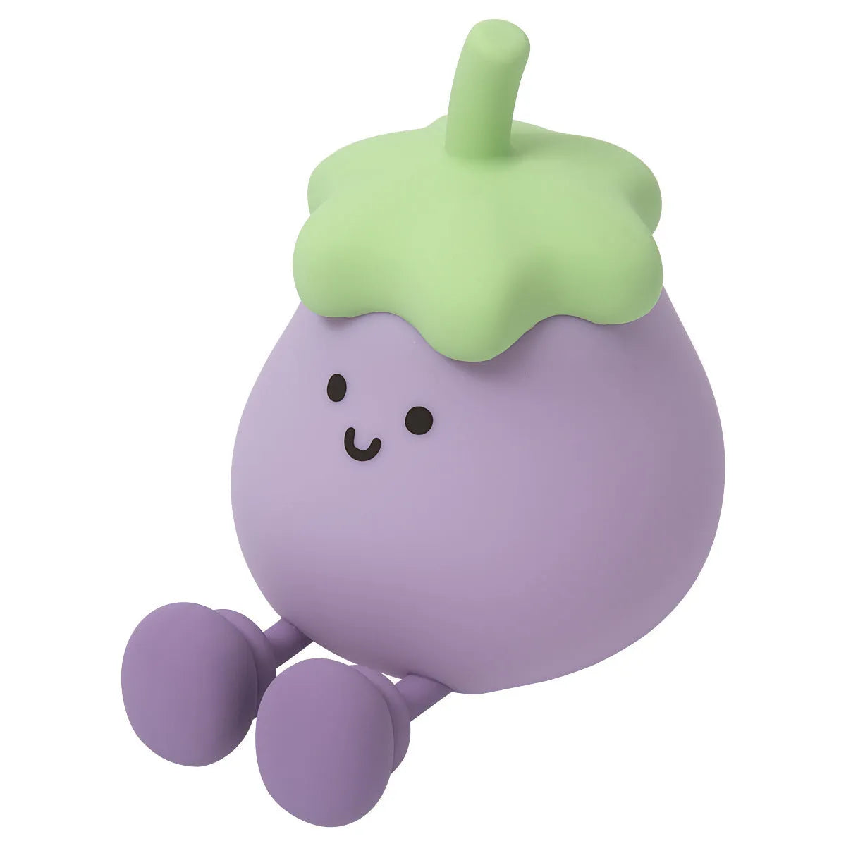 Cartoon eggplant shaped night lamp emitting soft yellow light, showing compact dimensions