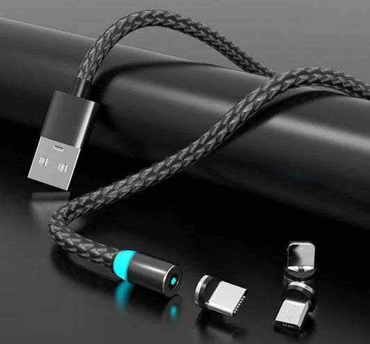 Magnetic data cable with breathing light indicator in multiple colours, showing Apple, Android and USB-C magnetic head options