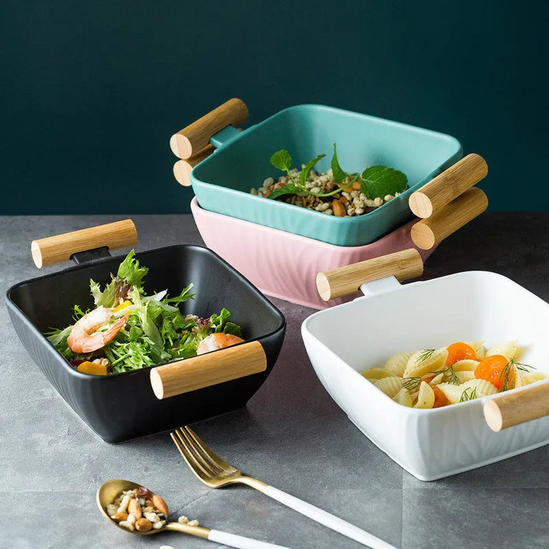 Porcelain ceramic bowl with irregular shape and matching lid in choice of four colours