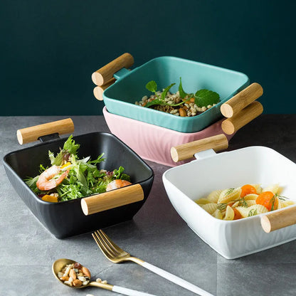 Porcelain ceramic bowl with irregular shape and matching lid in choice of four colours