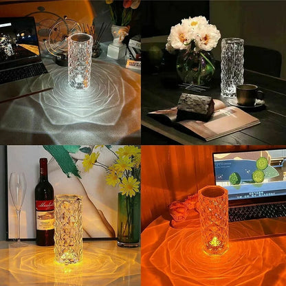 Clear acrylic LED table lamp with diamond-cut surfaces and remote control on wooden surface