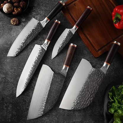 Forged Hammer Pattern Cutting Tool Stainless Steel Set with various knives and sheaths