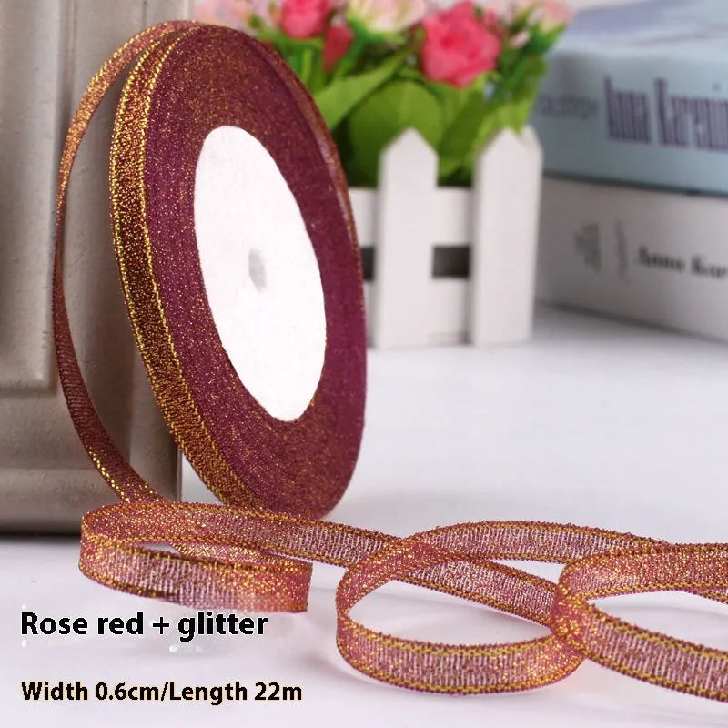 Polyester gift packaging bow ribbon showing 0.6cm width and colour options including gold leaf and metallic variations