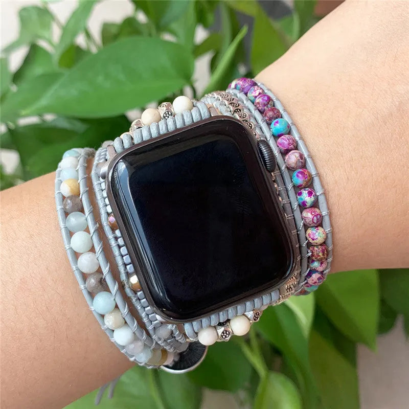 Natural Stone Multi-layer Winding Bracelet Strap for Smartwatch in 38-41mm and 42-45mm Sizes, Fashion Wristband Accessory with Stone Beads