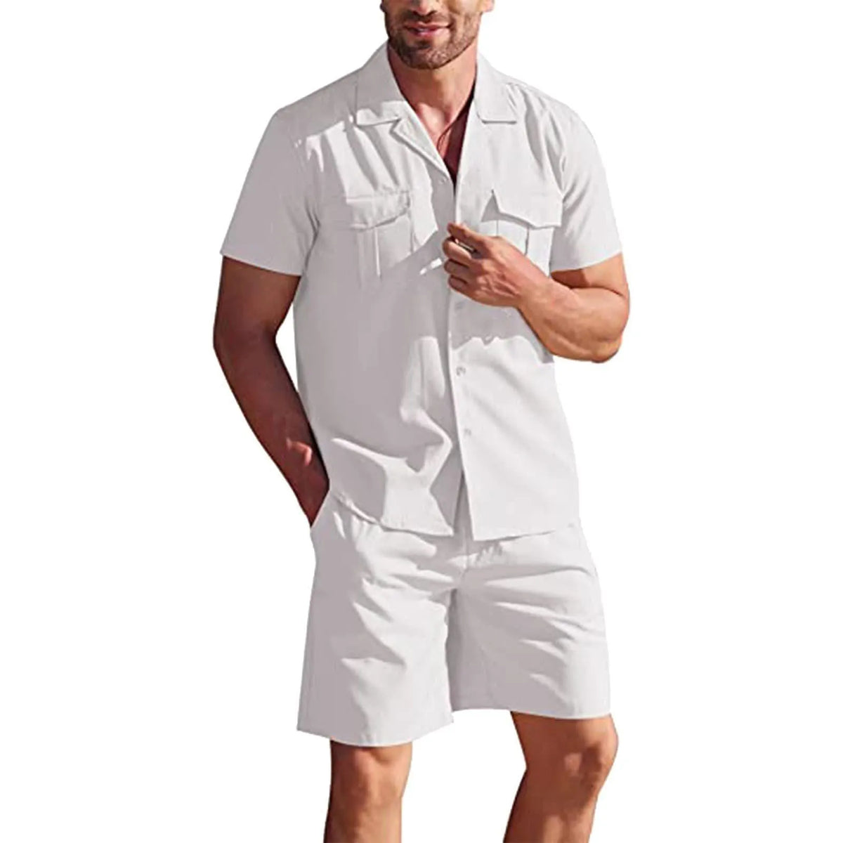 Lapel collar short sleeve linen shirt and shorts set with pockets, loose casual summer two-piece in solid colour
