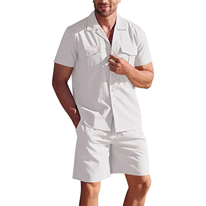 Lapel collar short sleeve linen shirt and shorts set with pockets, loose casual summer two-piece in solid colour
