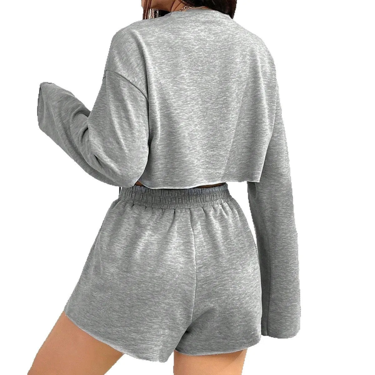 Grey women's long-sleeved T-shirt and shorts polyester set laid flat
