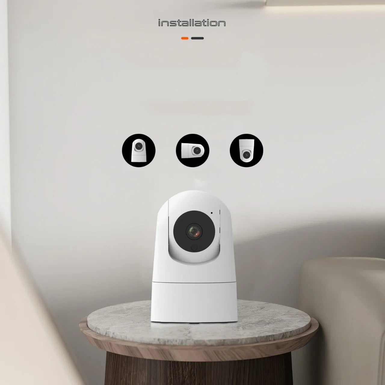 Indoor pan/tilt security camera with 1080p resolution and two-way voice feature, measuring 80x80x115mm