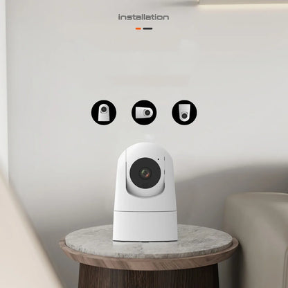 Indoor pan/tilt security camera with 1080p resolution and two-way voice feature, measuring 80x80x115mm