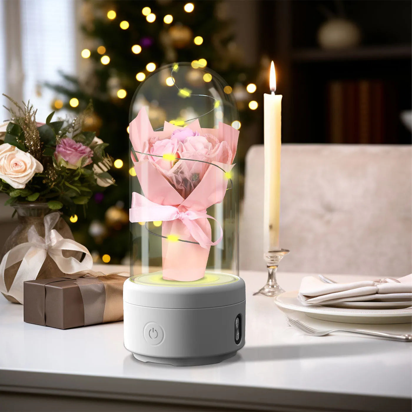 Rose-shaped LED night light with Bluetooth speaker inside glass cover decoration ornament