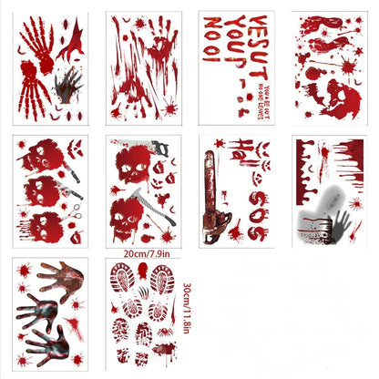 Halloween window stickers with realistic blood handprints and footprints for spooky decor