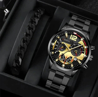 Men's stainless steel watch and coordinating bracelet set in various color options