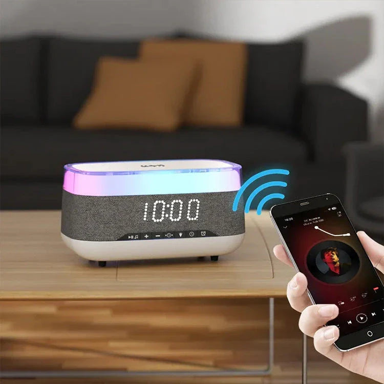 Intelligent Multifunctional Alarm Clock with Bluetooth Speaker, Wireless Charger, and Atmosphere Light