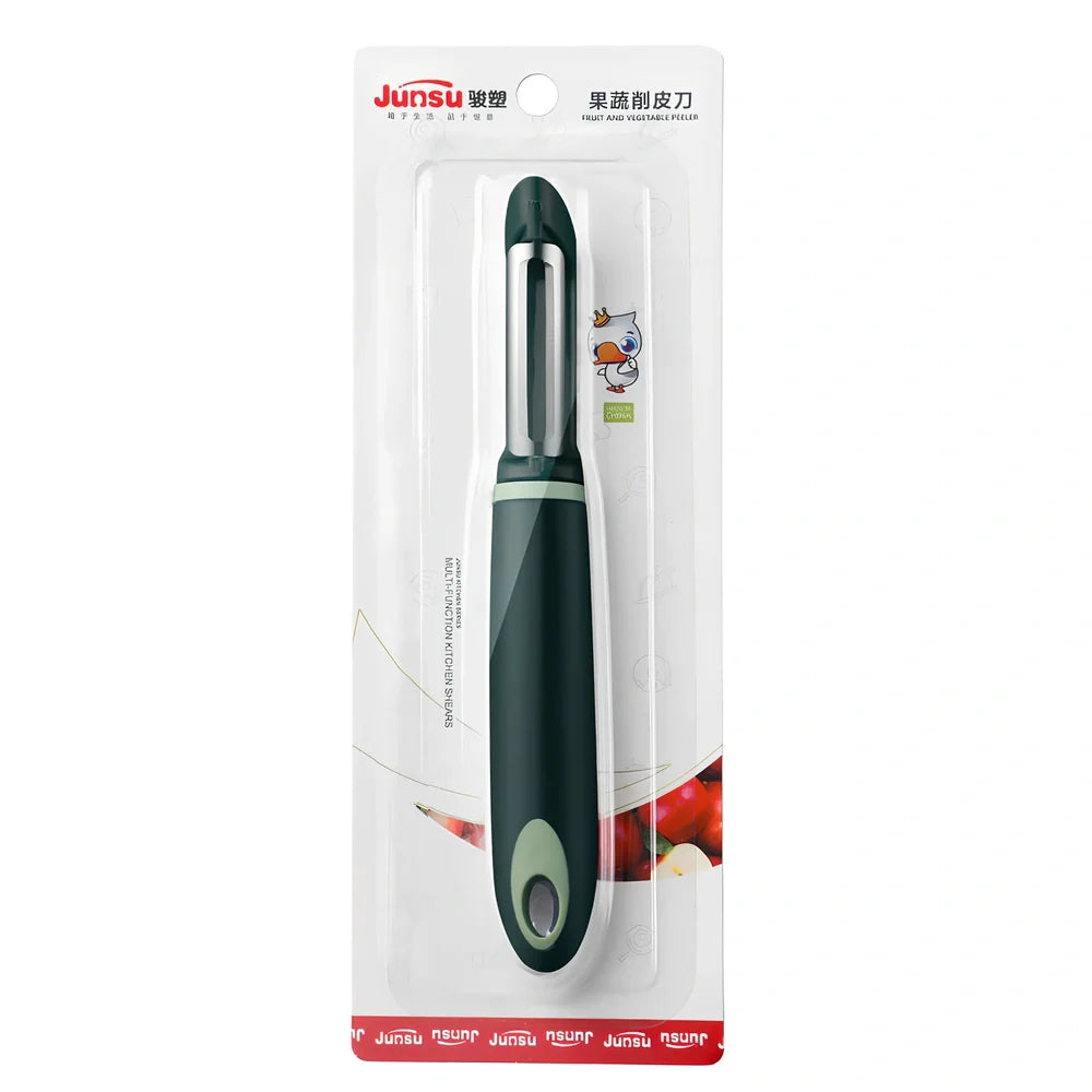 Stainless steel vegetable peeler with PP handle in aquamarine colour showing blade and grater functions