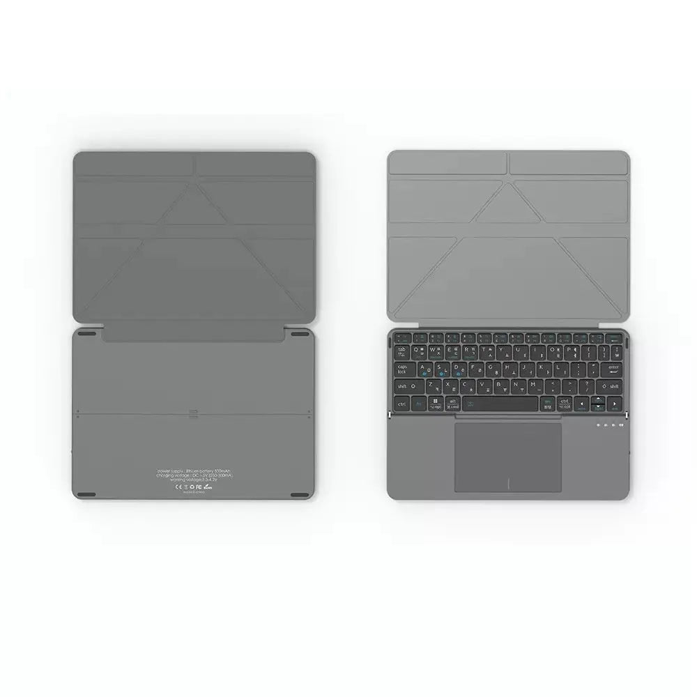 Gray wireless Bluetooth folding keyboard shown both folded to 15cm and extended to 30cm width