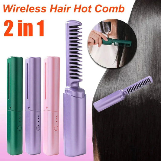 Cordless hair straightener brush with ceramic-infused bristles and negative ion technology for smooth, shiny hair styling